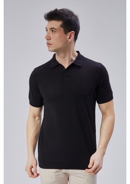 Erkek Siyah %100 Pamuk Polo Yaka Kısa Kollu Triko Kazak TRIST-7107