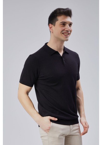 Erkek Siyah %100 Pamuk Polo Yaka Kısa Kollu Triko Kazak TRIST-7107 fırsatları