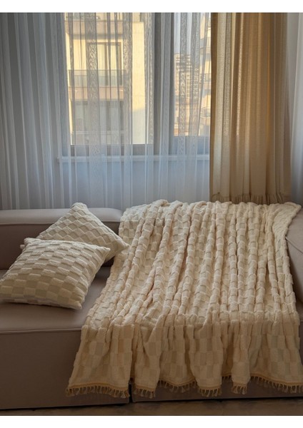 Peluş Püsküllü 2 Kırlent'li Ekru Geometrik Desen Koltuk Örtüsü 170X220CM,43X43CM fırsatları