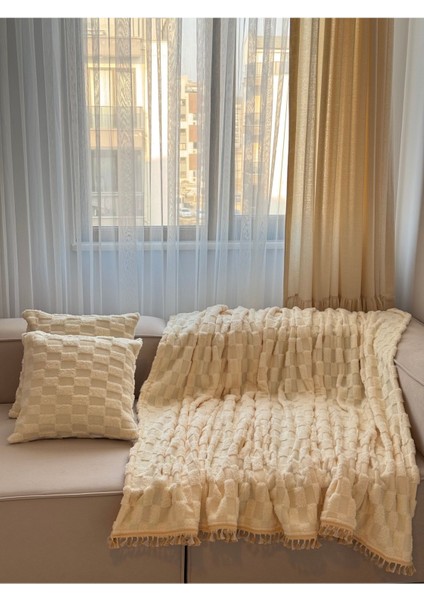 Peluş Püsküllü 2 Kırlent'li Ekru Geometrik Desen Koltuk Örtüsü 170X220CM,43X43CM indirimleri