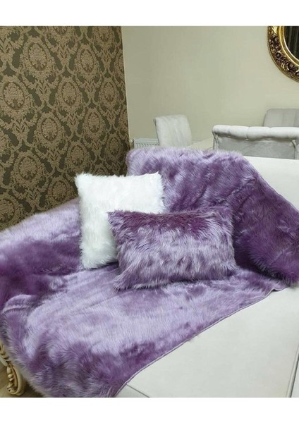 Peluş 1 Koltuk Şalı & 2 Kırlent Set - Lila