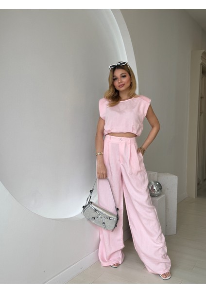 Pembe Çizgili Crop Pantolon Takım