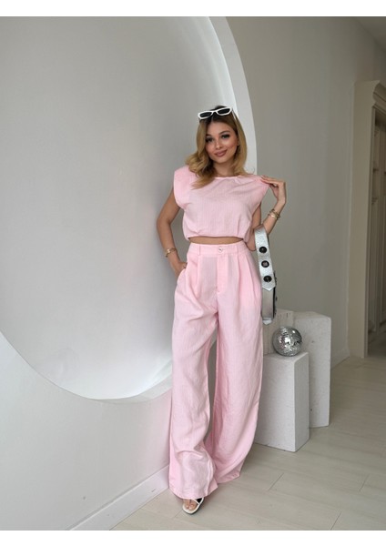 Pembe Çizgili Crop Pantolon Takım