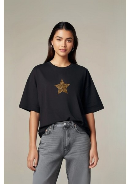 Leopar Yıldız Özel Tasarım Oversize Pamuklu Tshirt