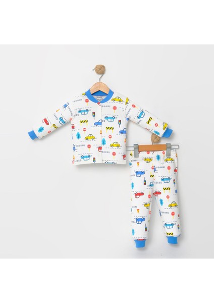 Erkek Çocuk Pijama Takımı Araba Desenli Beyaz Renk Pamuklu
