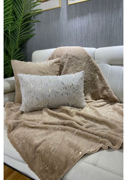 Tavşan Peluş Gold Varak Baskılı Koltuk Örtüsü & Şalı - Sütlü Kahve