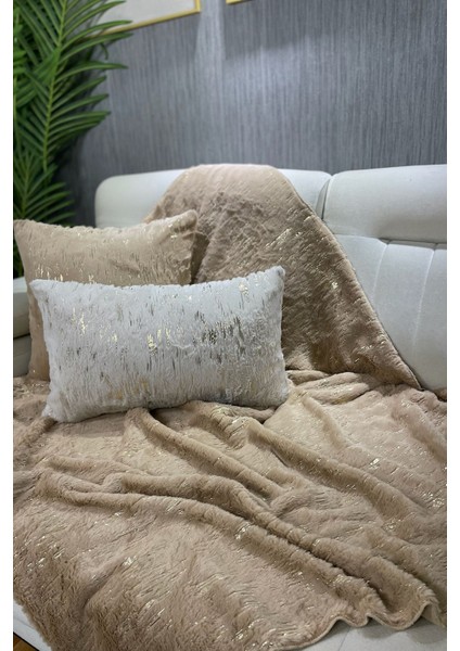Tavşan Peluş Gold Varak Baskılı Koltuk Örtüsü & Şalı - Sütlü Kahve fiyatları