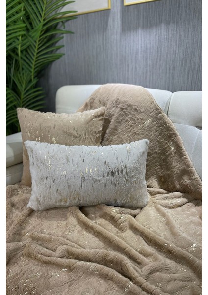 Tavşan Peluş Gold Varak Baskılı Koltuk Örtüsü & Şalı - Sütlü Kahve modelleri