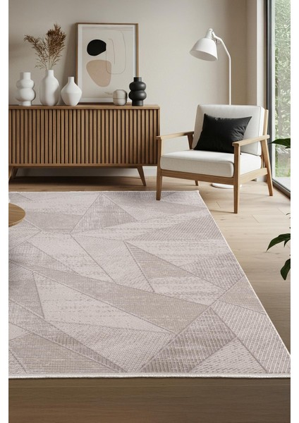 Leon LN003K Bej Halı Modern Desen Pamuk Taban Akrilik Tozuaz Salon Yatak Odası Koridor Halısı
