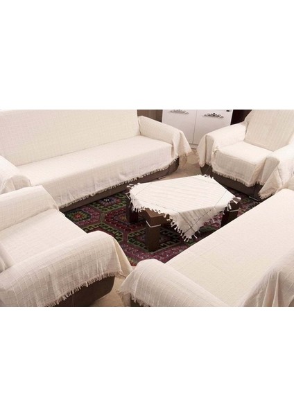 Pamuklu Koltuk Örtüsü Maxi Takım (3 3 1 1) - Krem - Maxı Takım