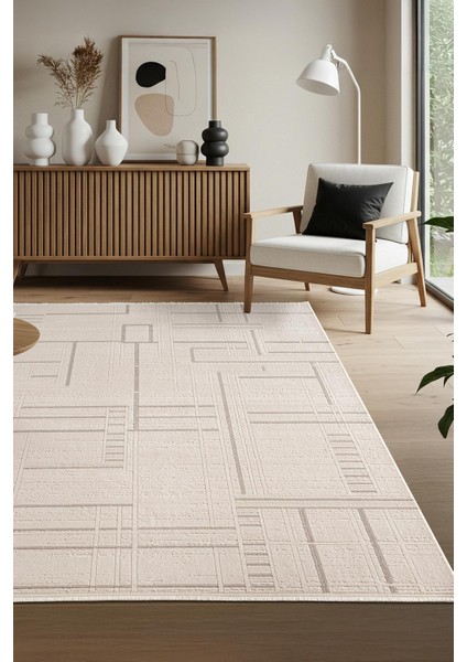 Leon LN004A Krem Halı Modern Desen Pamuk Taban Akrilik Tozuaz Salon Yatak Odası Koridor Halısı
