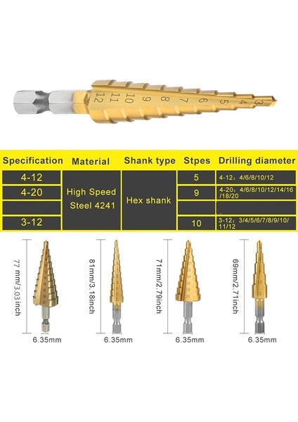 4-12 Adım Matkap Ucu 3-12MM 4-12MM 4-20MM 4-32MM Hss Düz Oluk Titanyum Kaplamalı Ahşap Metal Delik Kesici Sondaj Elektrikli Alet Takımı (Yurt Dışından)