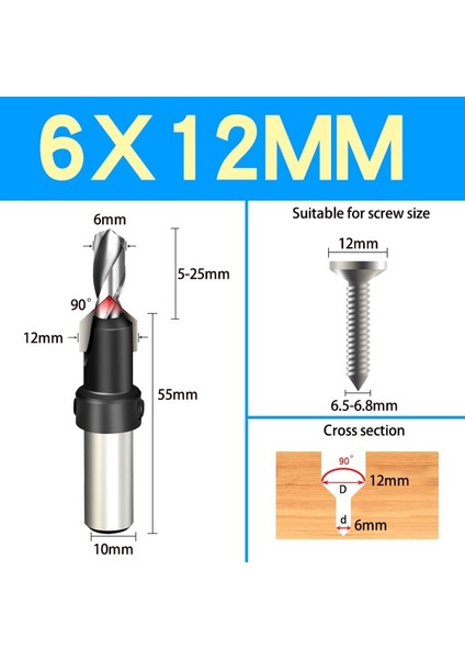6X12 1 Adet DIA.6-14MM Havşa Matkap Ağaç Işleme Matkap Ucu Sondaj Pilot Delikler Vida Karşı Delik Matkap Vida Havşa 8 mm Shank (Yurt Dışından)
