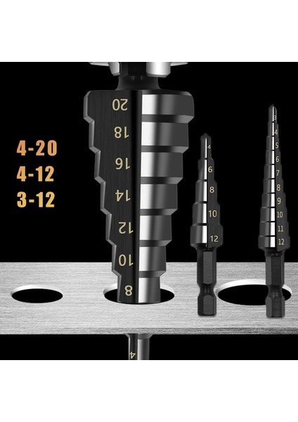 Siyah 3-12 3-12MM 4-12MM 4-20MM Hss Adım Matkap Ucu Seti Siyah Düz Oluk Delme Ucu Titanyum Kaplamalı Ahşap Metal Delik Kesici Çekirdek Matkap (Yurt Dışından)