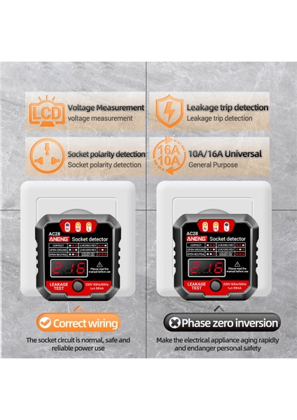 Siyah Ab Tak Aneng AC28 Dijital Ekran Soket Test Cihazı Ingıltere Abd, Ab Tak Polarite Faz Kontrol Dedektörü Gerilim Testi Çok Fonksiyonlu Elektroskop (Yurt Dışından)