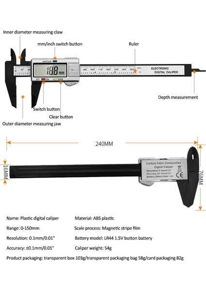Beyaz Opp Torba ile Karbon Fiber Sürmeli Kumpaslar 0-150MM Doğruluk 0.1 Elektronik Dijital Kumpas Plastik Ölçer Mikrometre Cetvel Ölçme Aletleri (Yurt Dışından)