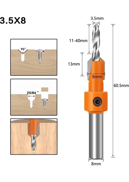 3.5x8 8mm Shank Hss Ağaç Işleme Havşa Yönlendirici Bit Vida Extractor Remon Yıkım Ahşap Freze Kesici (Yurt Dışından)