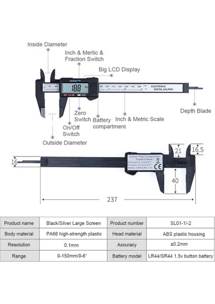 Şerit 0-100MM Dijital Kumpas 6 Inç Elektronik Sürmeli Kumpas 100MM Kaliper Mikrometre Dijital Cetvel Ölçme Aracı 150MM 0.1mm (Yurt Dışından)