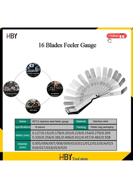 A 16 Bıçaklı Feeler Ölçer Metrik 0.127-0.508MM Paslanmaz Çelik Katlanabilir Kalınlık Ölçer Vanalar Buji Boşluk Doldurma Ölçümü (Yurt Dışından) fiyatları