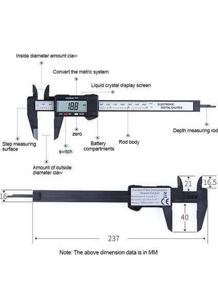 Plastik Siyah 150MM 150MM 100MM 6 Inç Elektronik Dijital Kumpas Karbon Fiber Sürmeli Kumpas Taşınabilir Mikrometre Dijital Cetvel Ölçme Aracı (Yurt Dışından)