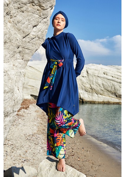 Likralı Bol Paça Tam Kapalı Tesettür Mayo Bloom 1119 Açık Lacivert