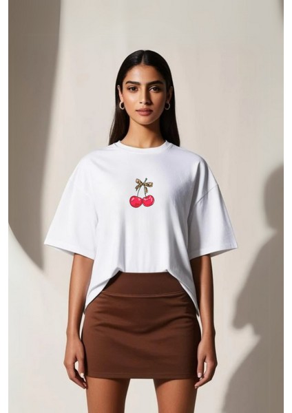 Leopar Desenli Kiraz Baskılı Özel Tasarım Pamuklu Oversize Tshirt