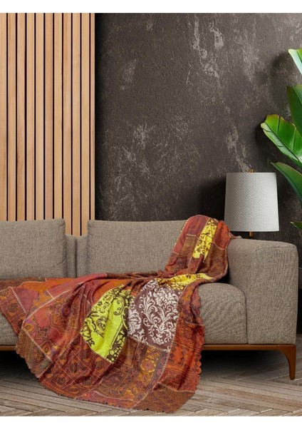 Softmicro Etnik Desenli Boho 130X180 cm Koltuk Örtüsü Şalı, Kanepe Örtüsü, Tv Battaniyesi Kiremit R