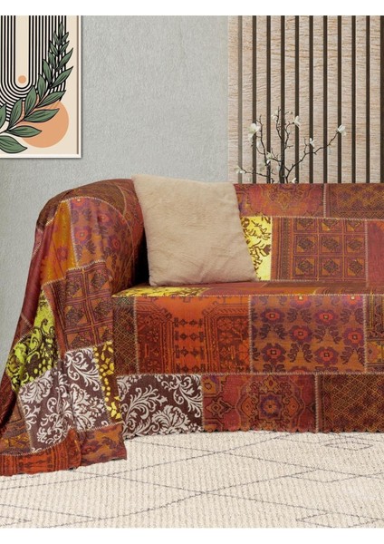 Softmicro Etnik Desenli Boho 130X180 cm Koltuk Örtüsü Şalı, Kanepe Örtüsü, Tv Battaniyesi Kiremit R