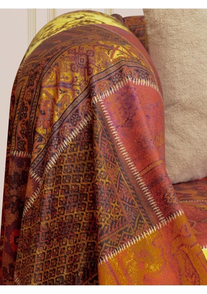 Softmicro Etnik Desenli Boho 130X180 cm Koltuk Örtüsü Şalı, Kanepe Örtüsü, Tv Battaniyesi Kiremit R