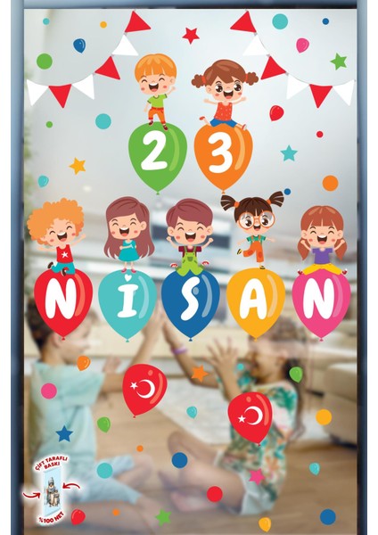 23 Nisan Temalı Bayraklı Çift Taraflı Baskılı Sticker Seti, 23 Nisan Cam Duvar Çocuk Bayramı Sticker