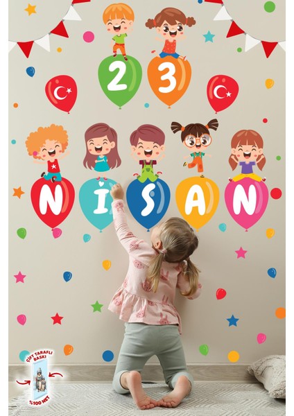 23 Nisan Temalı Bayraklı Çift Taraflı Baskılı Sticker Seti, 23 Nisan Cam Duvar Çocuk Bayramı Sticker fiyatları