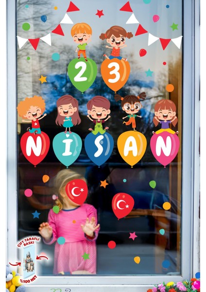 23 Nisan Temalı Bayraklı Çift Taraflı Baskılı Sticker Seti, 23 Nisan Cam Duvar Çocuk Bayramı Sticker modelleri