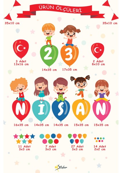 23 Nisan Temalı Bayraklı Çift Taraflı Baskılı Sticker Seti, 23 Nisan Cam Duvar Çocuk Bayramı Sticker fırsatları