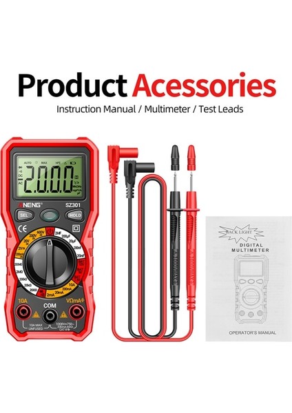 SZ301 Kırmızı Dijital Pens Metre Dc/ac Akım Arka Işık Multimetre Ampermetre 0-600 V Gerilim Test Cihazı Araba Amp Hz Kapasite Ncv Ohm Test Cihazı (Yurt Dışından)