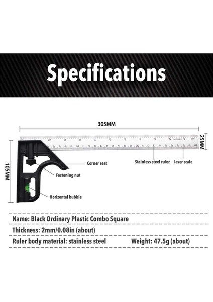Siyah Profesyonel 305MM Kombinasyon Kare Açı Cetvel Ayarlanabilir Çelik Iletki Sağ Açı Cetvel Marangoz Ölçme Araçları (Yurt Dışından)