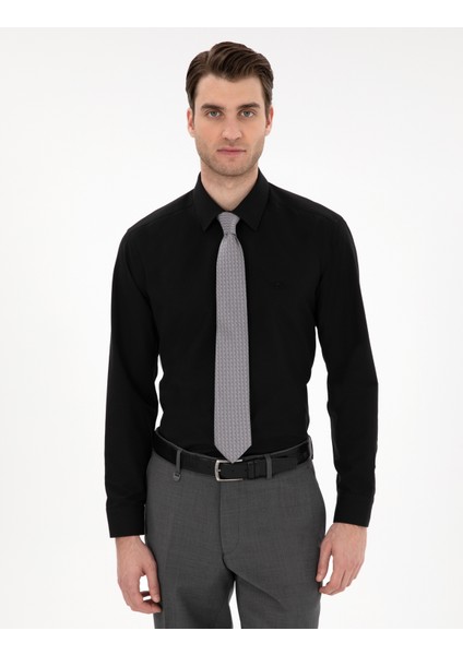 Erkek Siyah Regular Fit Uzun Kollu Basic Gömlek 50307198-VR046