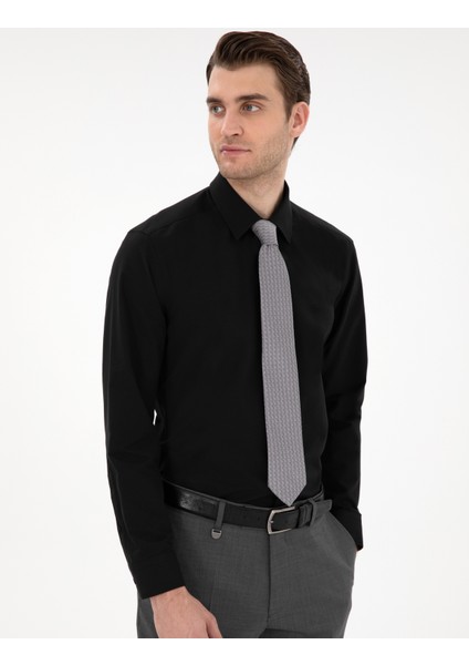Erkek Siyah Regular Fit Uzun Kollu Basic Gömlek 50307198-VR046