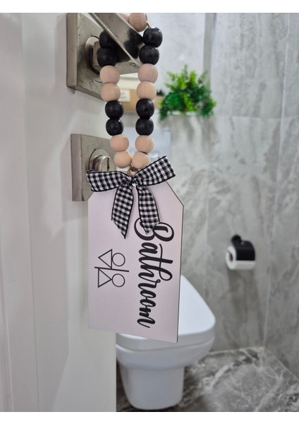 Dekoratif Boncuklu "bathroom" Yazılı Tuvalet Banyo Kapı Kolu Aksesuarı Ahşap Hediyelik Süs