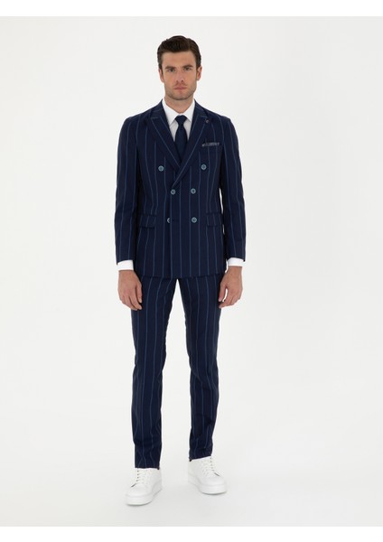 Erkek Lacivert Slim Fit Çizgili Yün Takım Elbise 50284848-VR033