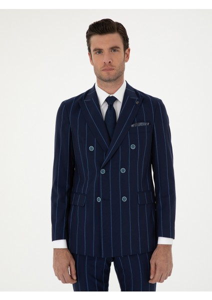 Erkek Lacivert Slim Fit Çizgili Yün Takım Elbise 50284848-VR033