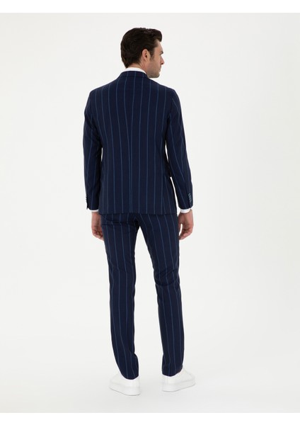 Erkek Lacivert Slim Fit Çizgili Yün Takım Elbise 50284848-VR033