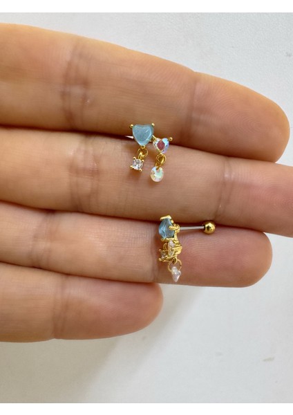 Çelik Pembe Kalpli Tek Taş Sallantılı Tragus Helix Conch Lobe Flat Uyumlu 1 Adet Piercing Küpe