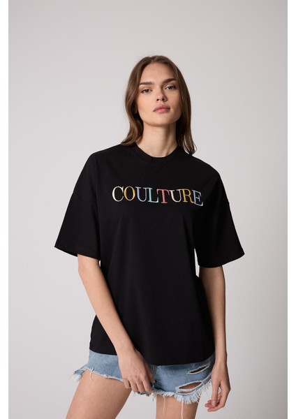 Kadın T-Shirt Siyah Culture Nakışlı Oversize Basic - 2508