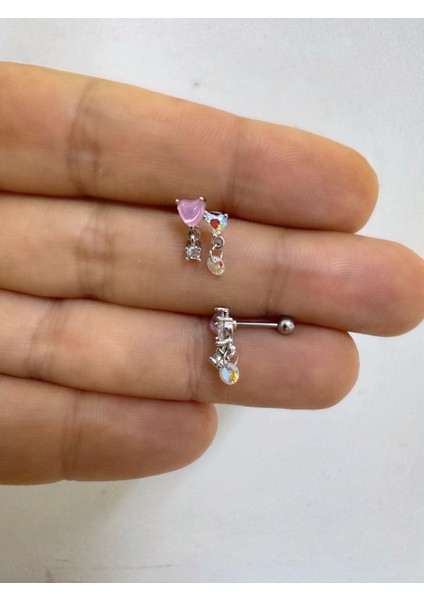 Çelik Pembe Kalpli Tek Taş Sallantılı Tragus Helix Conch Lobe Flat Uyumlu 1 Adet Piercing Küpe
