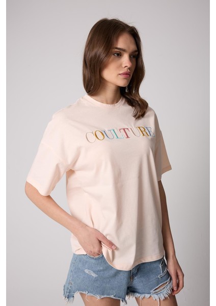 Kadın T-Shirt Puda Pembe Culture Nakışlı Oversize Basic - 2508 fiyatları