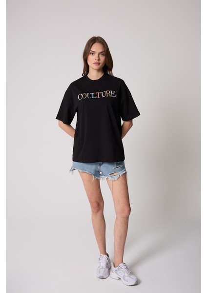 Kadın T-Shirt Siyah Culture Nakışlı Oversize Basic - 2508