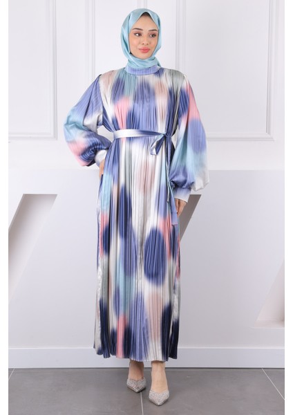 Lacivert Bel Kuşaklı Pileli Elbise