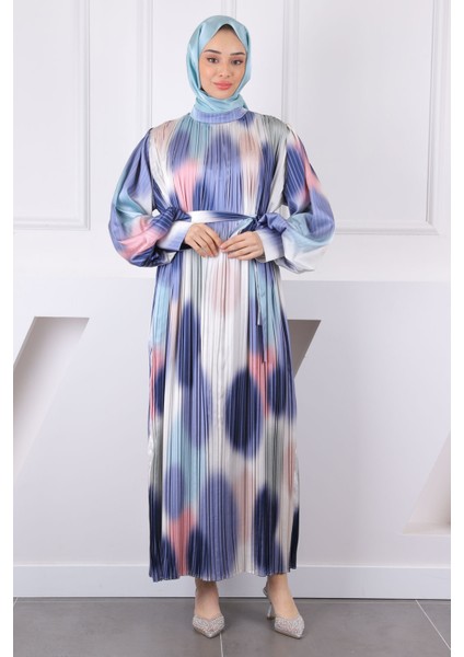 Lacivert Bel Kuşaklı Pileli Elbise fiyatları