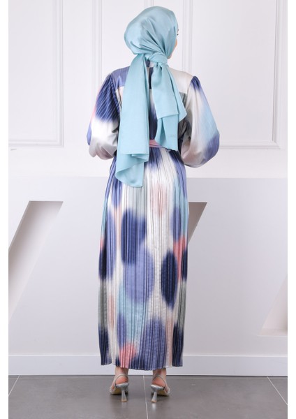 Lacivert Bel Kuşaklı Pileli Elbise modelleri