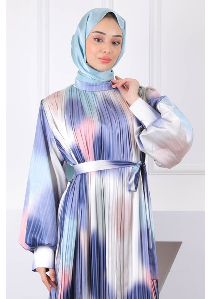 Lacivert Bel Kuşaklı Pileli Elbise fırsatları